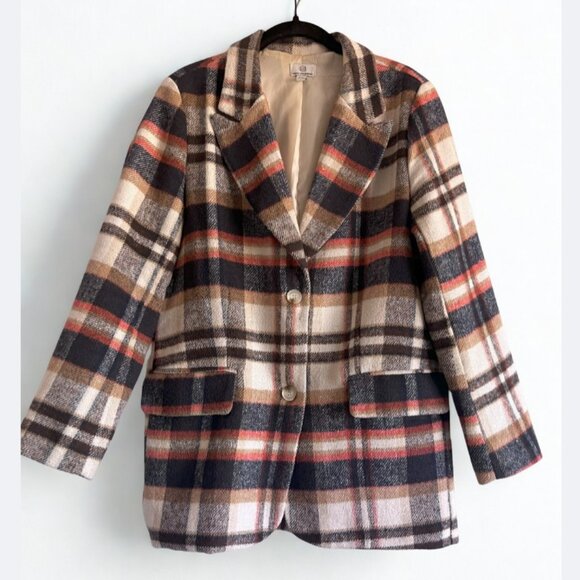 Oversized Plaid Blazer Jacket Neutral Academia Pattern with Pockets Size 10 - Picture 1 of 5